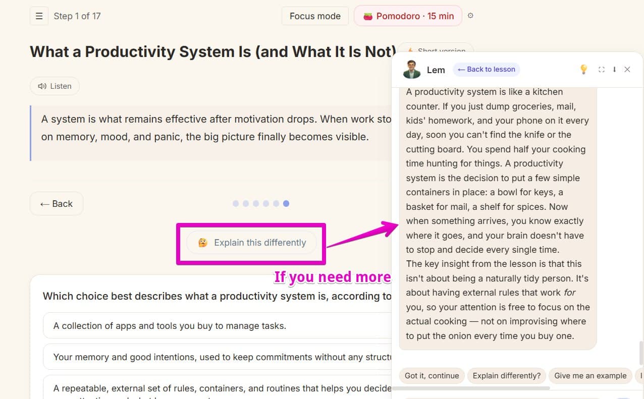 Lección con el botón «Explícamelo distinto»: Lem responde con una analogía de la encimera de la cocina