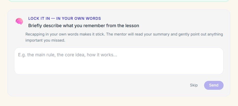 Tarjeta Lock it in: el estudiante resume la lección con sus palabras y el mentor la lee y corrige con suavidad