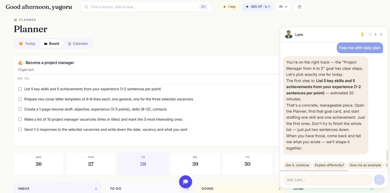 Planificador con un objetivo de varios pasos y Lem ayudando con el plan diario