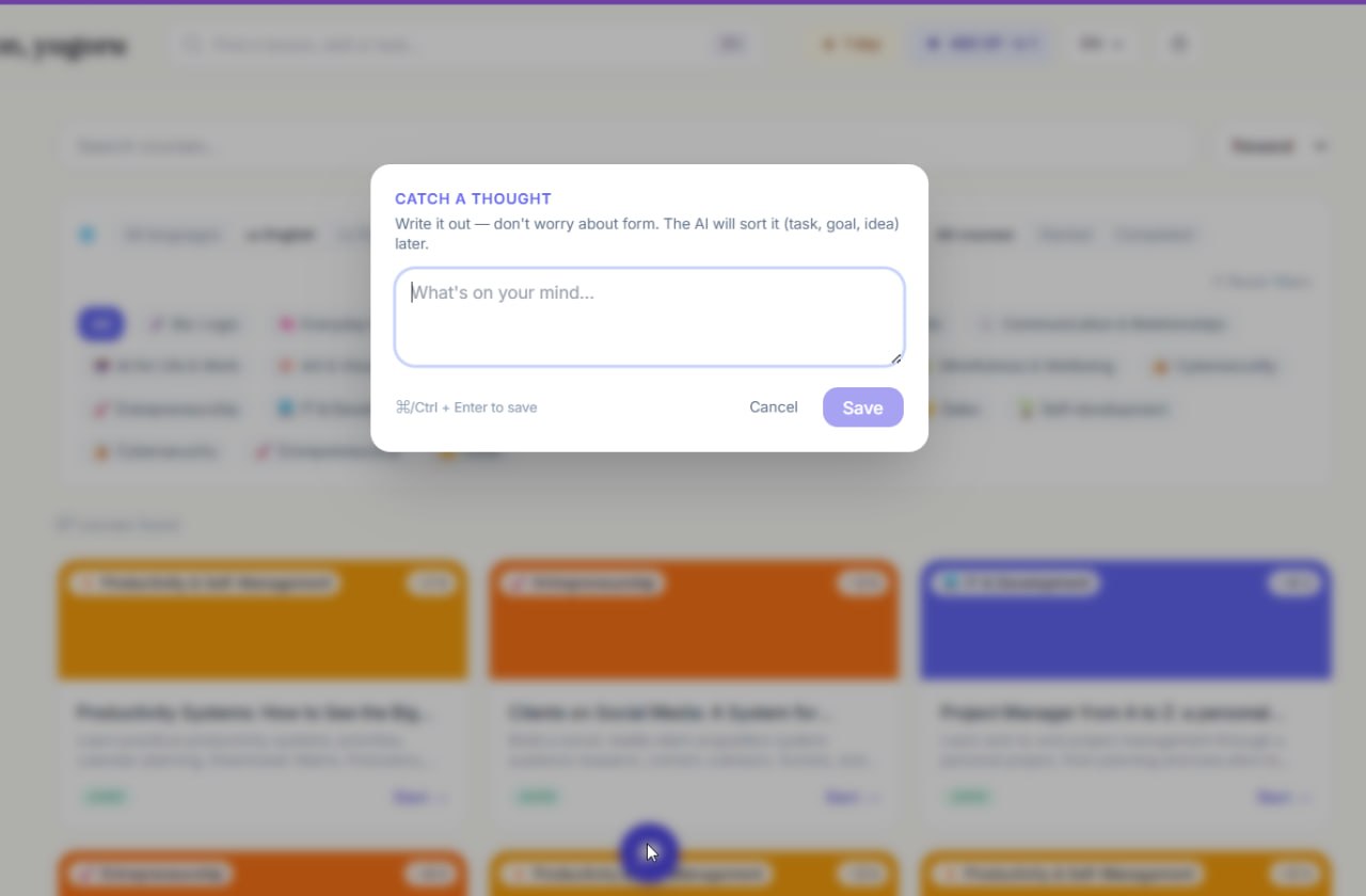 Modal «Captura una idea» donde el usuario suelta una idea suelta para que la IA la ordene después