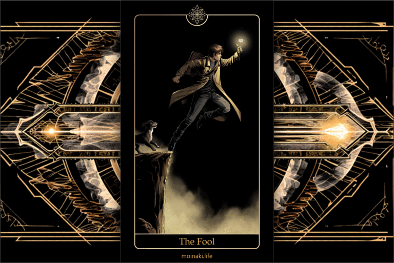 The Fool Author’s tarot card artwork with complete meaning, symbolism, and interpretation in a modern mystical style